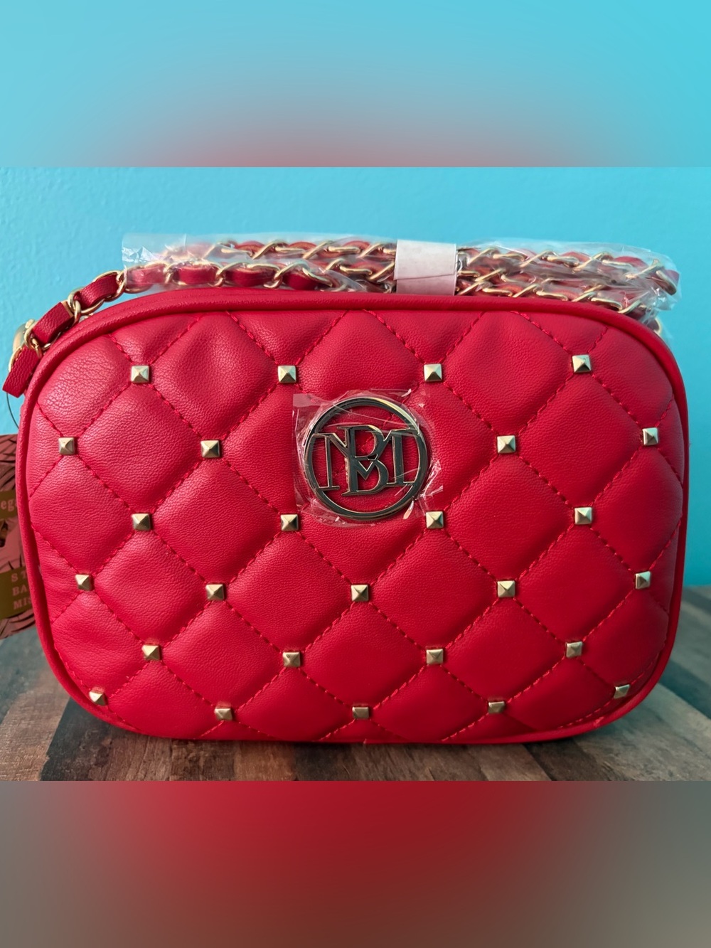 Badgley Mischka Red Quilted Crossbody with Gold-Tone Studs NWT